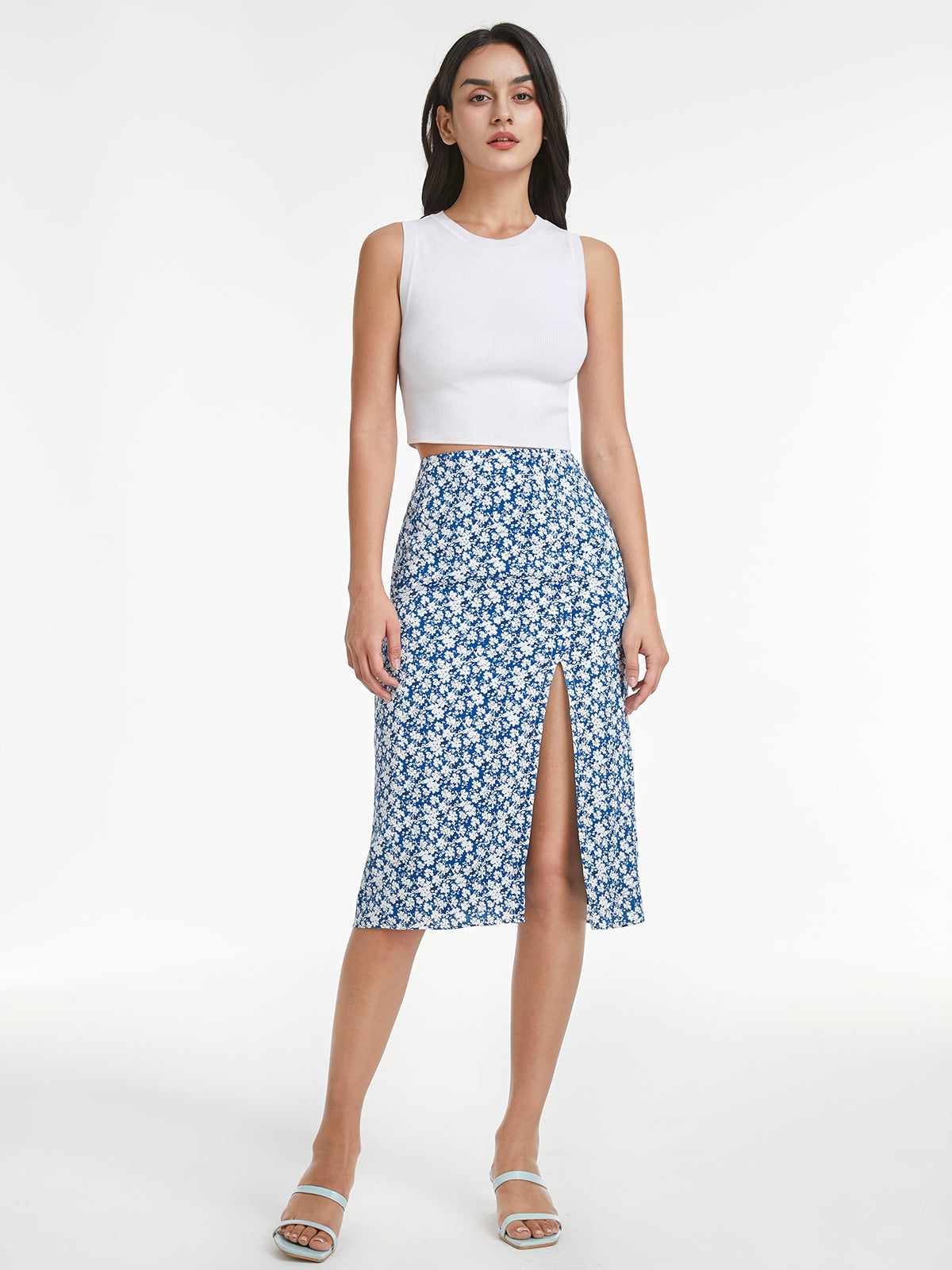 High Waisted Light Floral Midi Slit Skirt