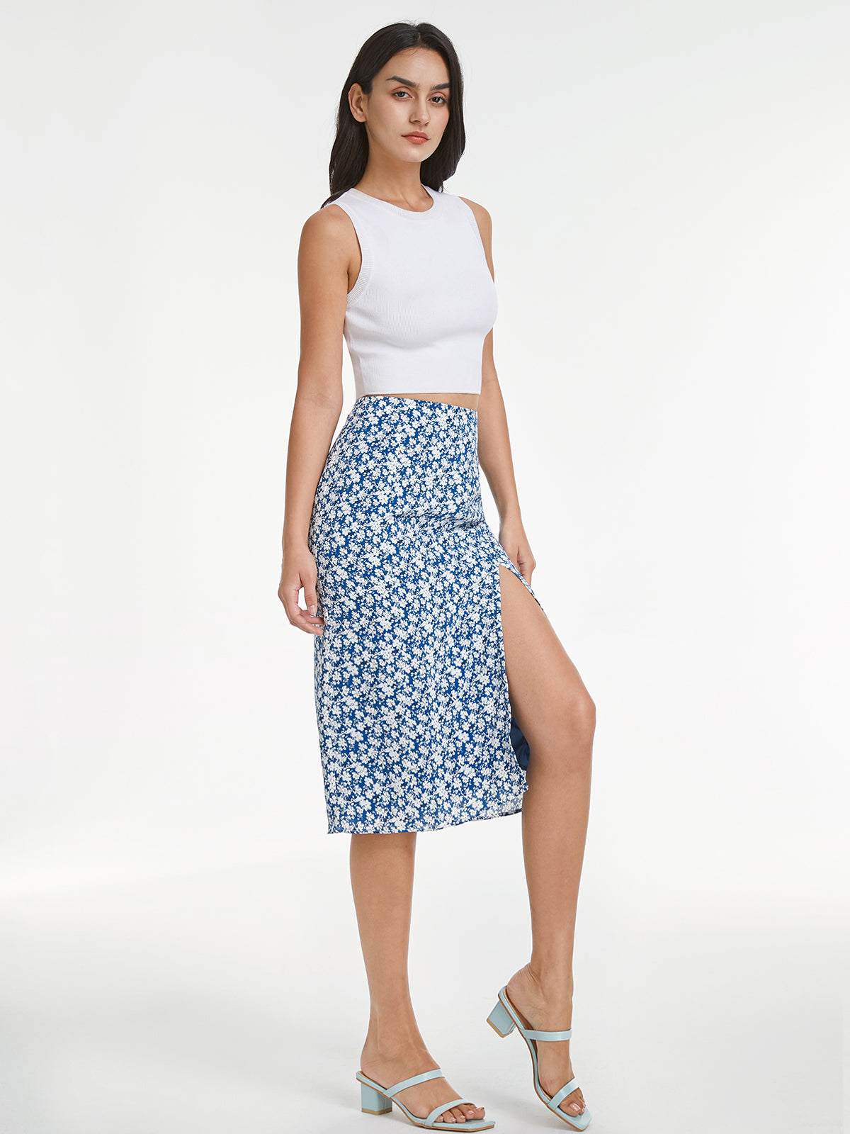 High Waisted Light Floral Midi Slit Skirt