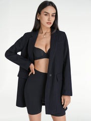 Pinstripe Single Button Single Breasted Deep V Long Blazer