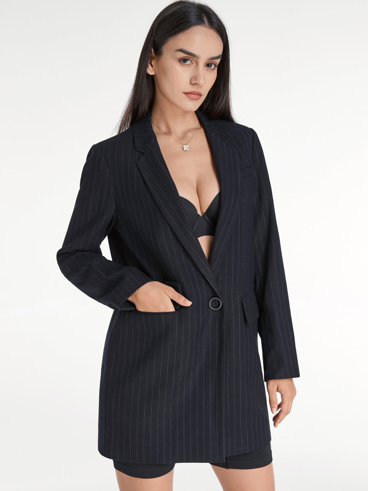 Pinstripe Single Button Single Breasted Deep V Long Blazer