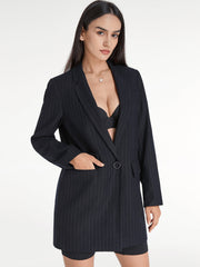 Pinstripe Single Button Single Breasted Deep V Long Blazer