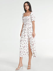 Square Neck Short Puff Sleeve Smocked Floral Midi Slit Dress