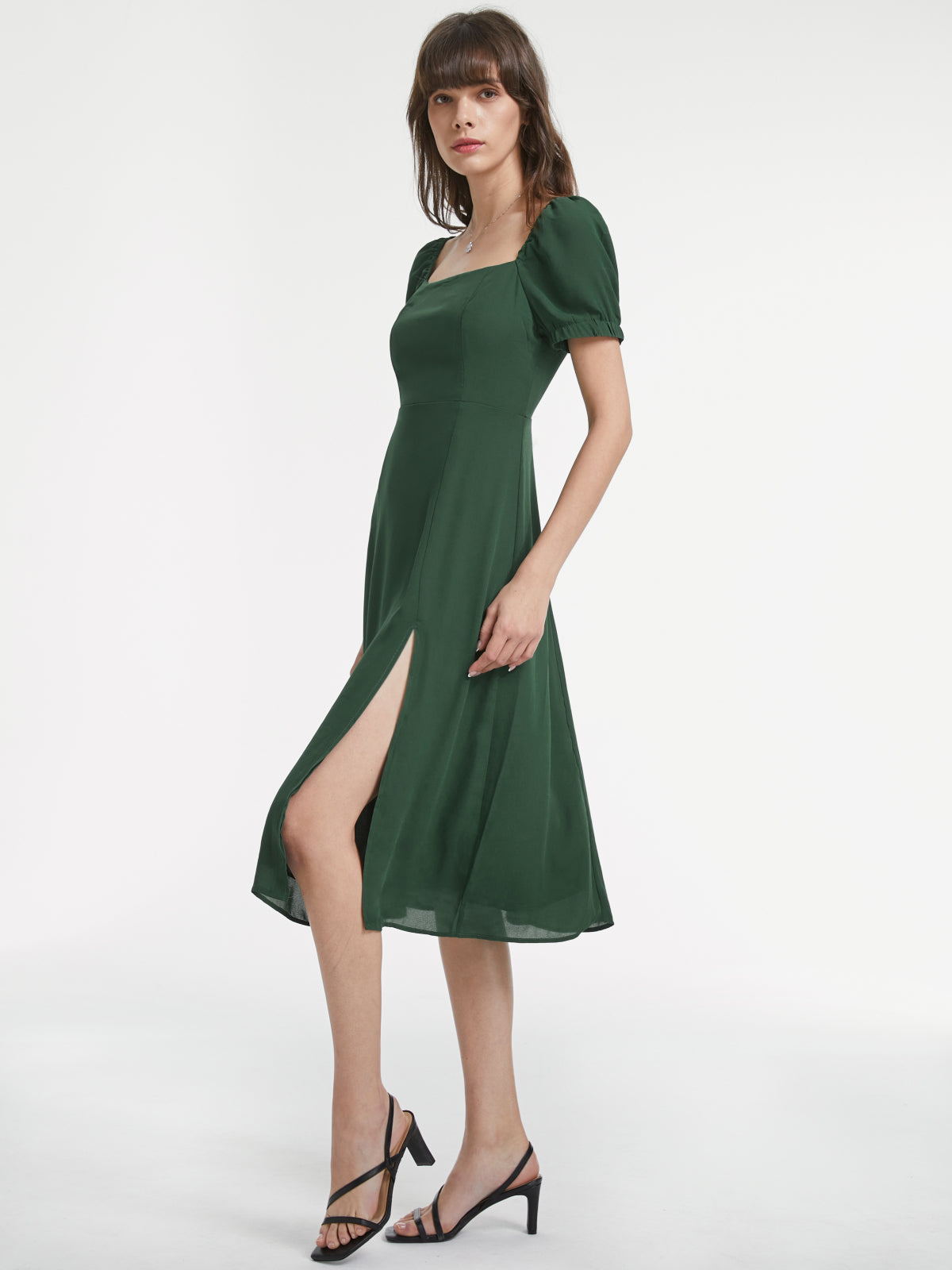 Gathered Dreams Emerald Green Slit Midi Dress