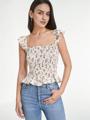 Square Neck Ruffle Strap Rose Peplum Top