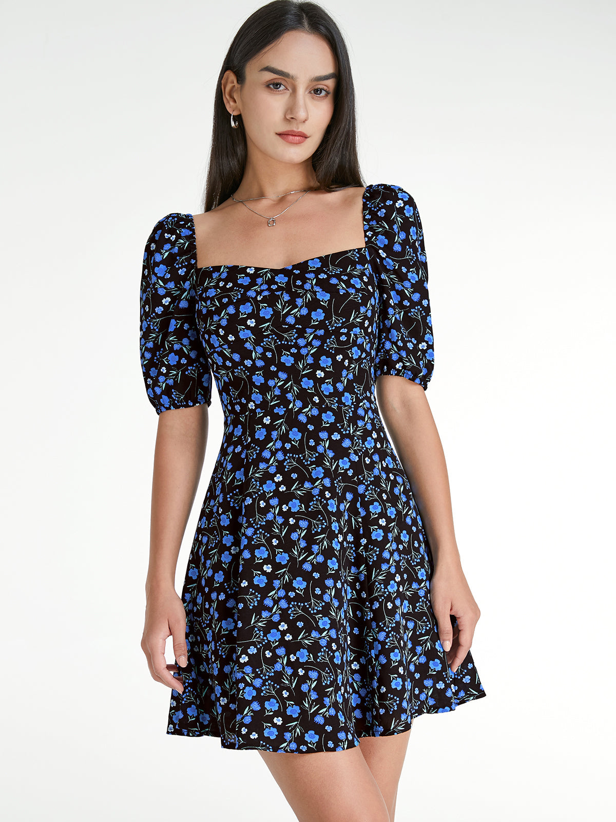 Square Neck Short Puff Sleeve Dark Floral Mini Dress