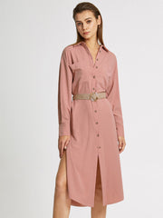 Long Sleeve Button Front Belted Midi Shirt Dress Without Belt