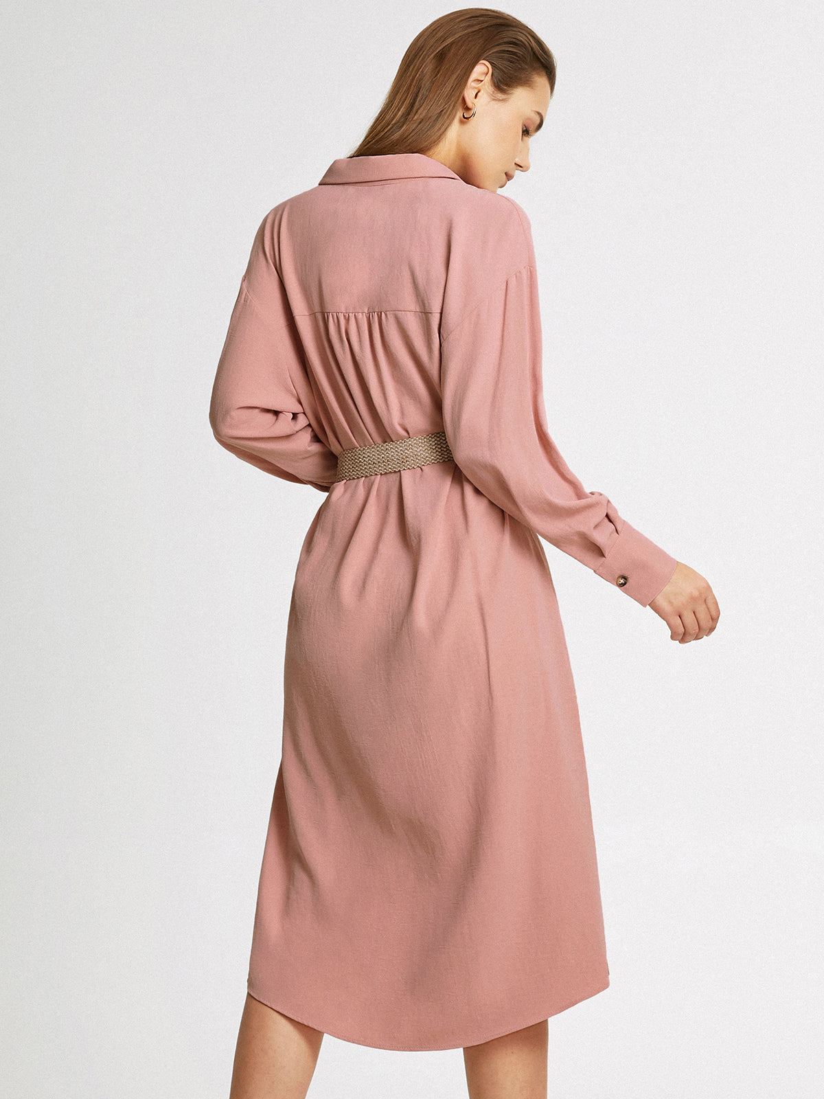 Long Sleeve Button Front Belted Midi Shirt Dress Without Belt