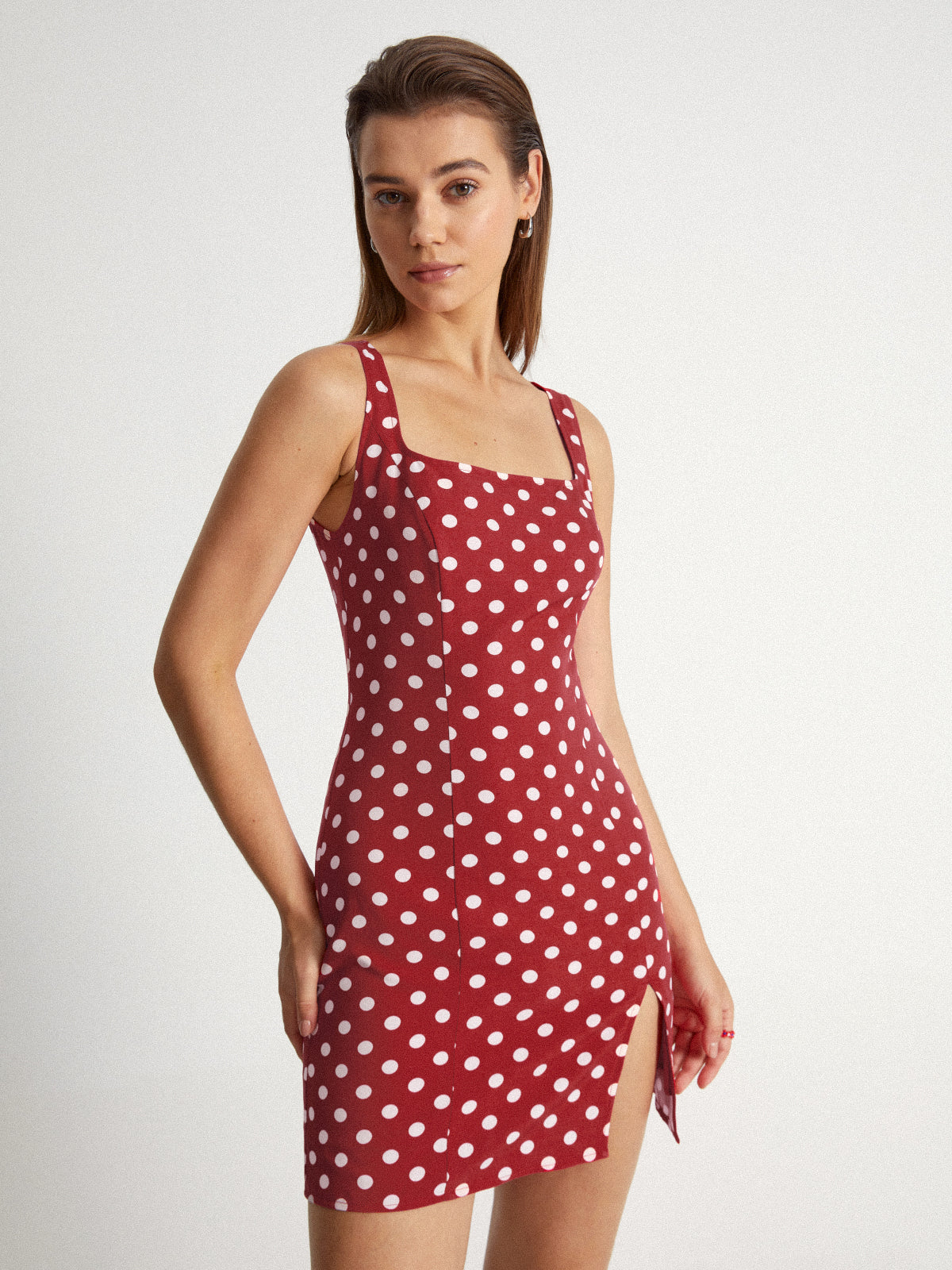 Square Neck Polka Dot Mini Strap Contour Dress