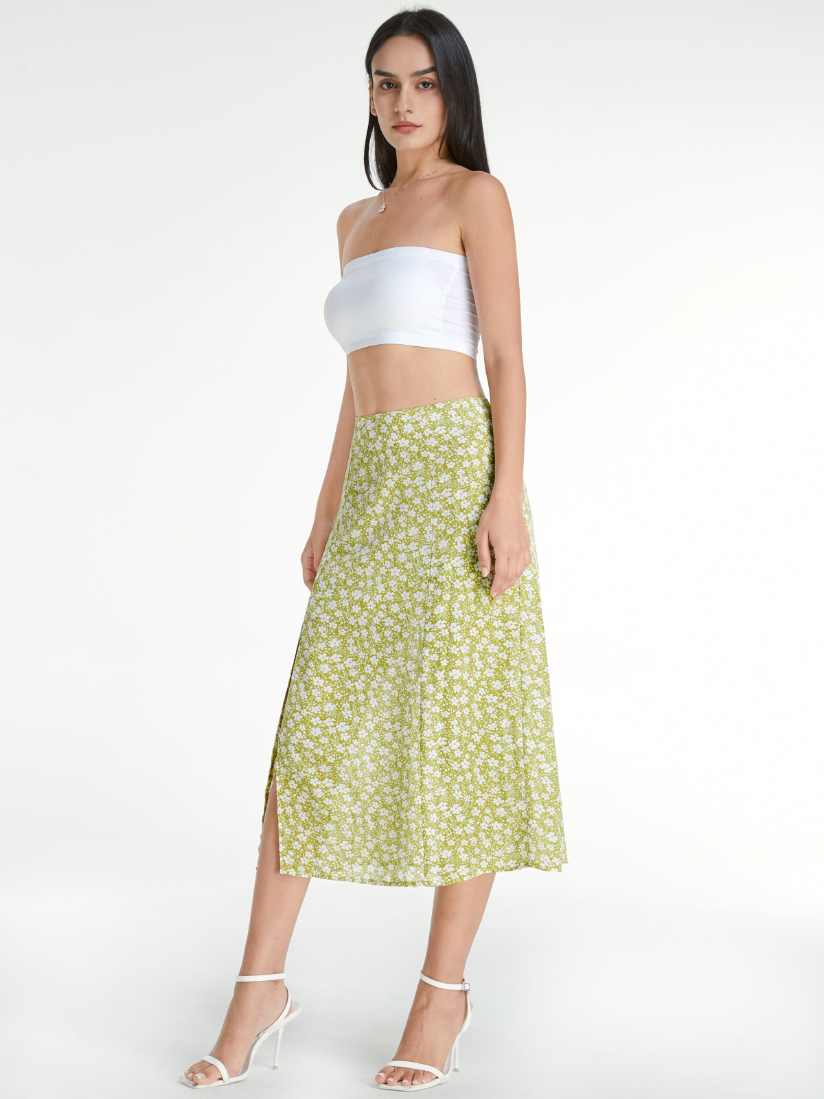 High Waisted Floral A Line Midi Skirt