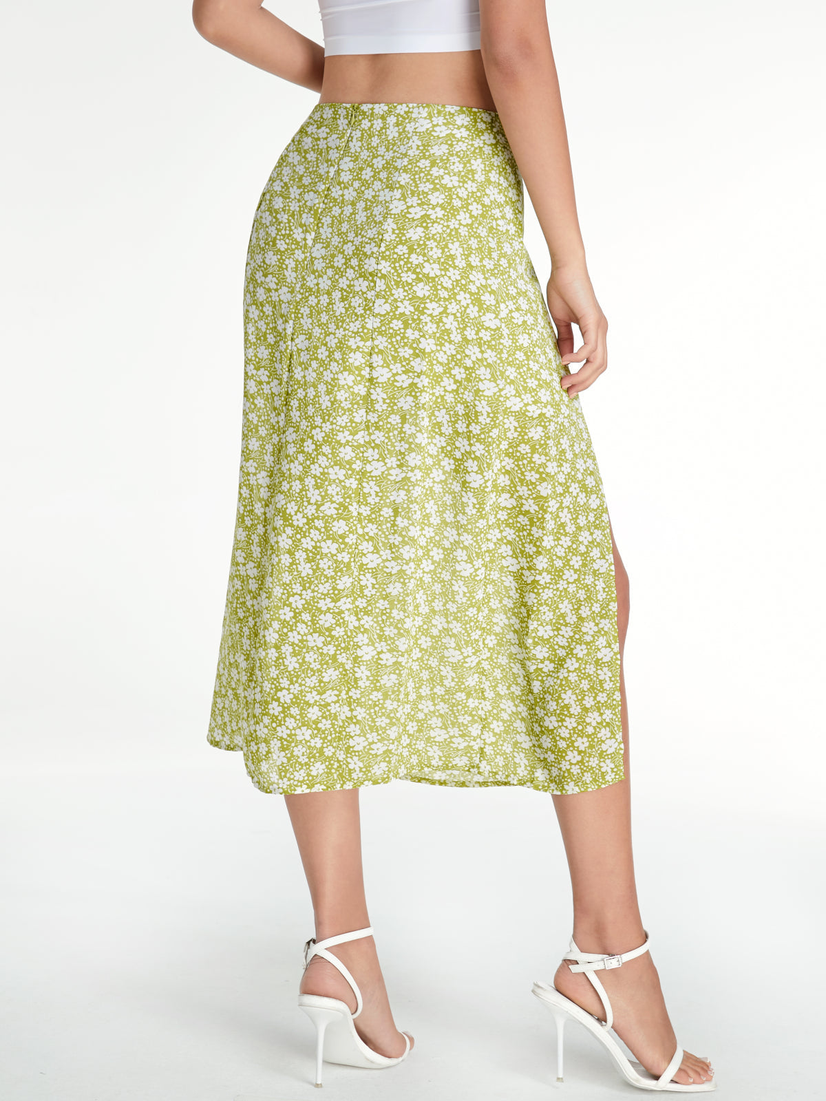 High Waisted Floral A Line Midi Skirt