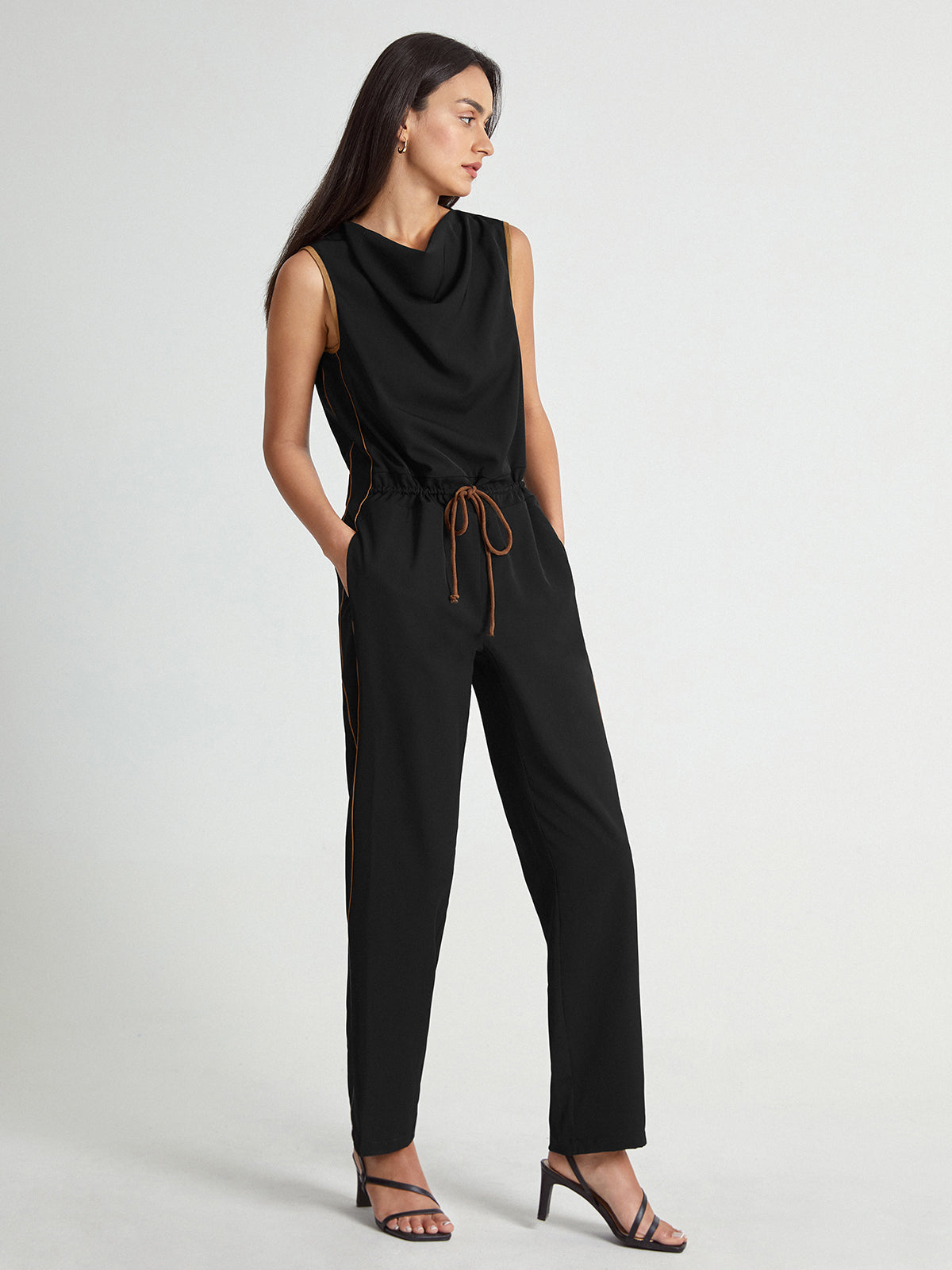 Sleeveless High Square Neck Elastic Waist Tapered Jumpsuit