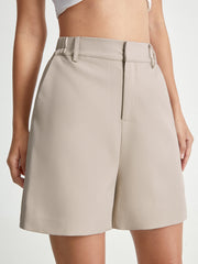 High Waisted Mid-Thigh Elastic Waist Trouser Shorts