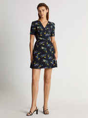 Dark Floral Bloom Short Sleeve V-Neck Mini Wrap Dress