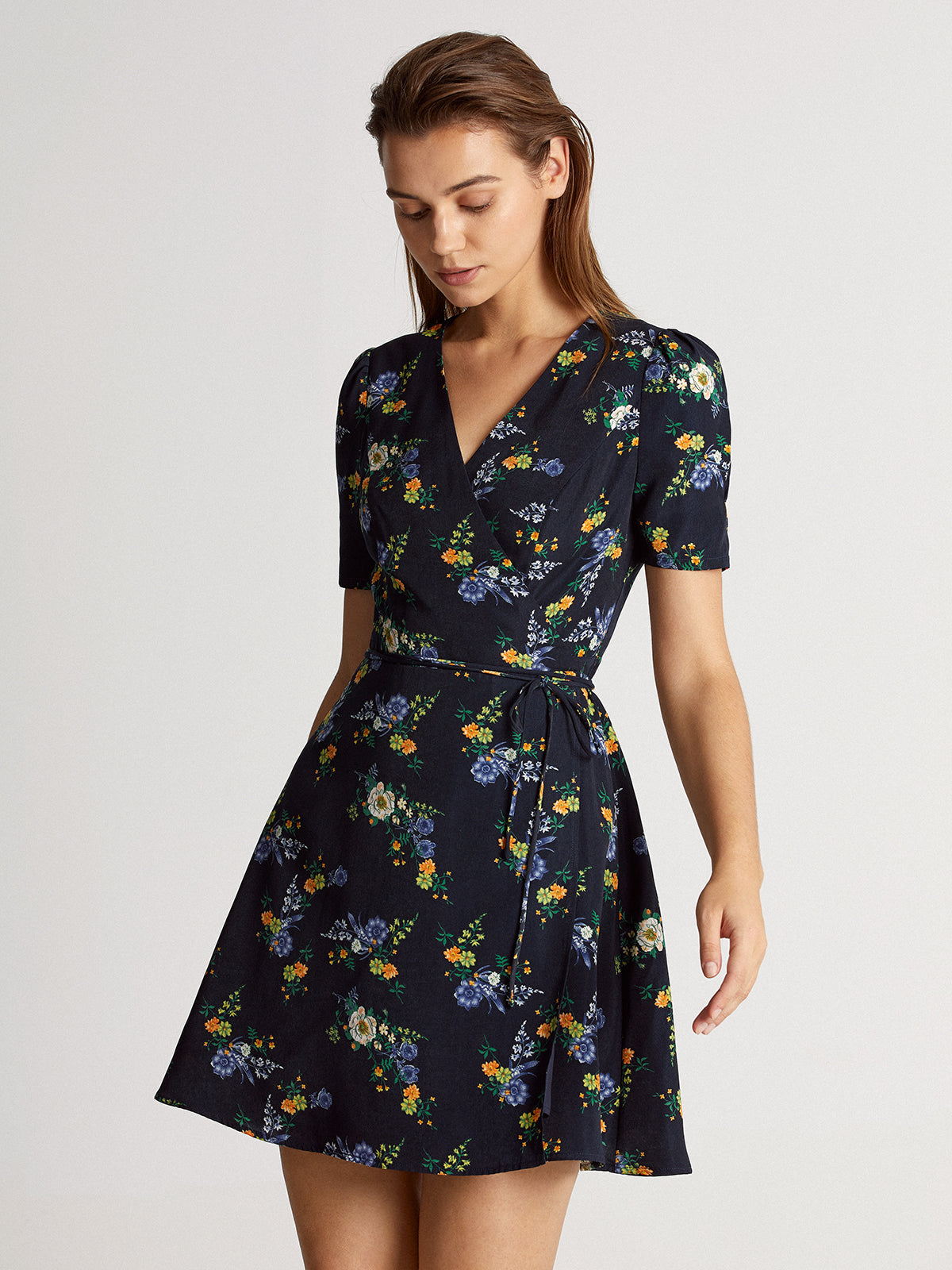 Dark Floral Bloom Short Sleeve V-Neck Mini Wrap Dress