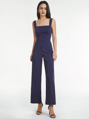 Square Neck Pinstripe Sleeveless Wide Leg Jumpsuit