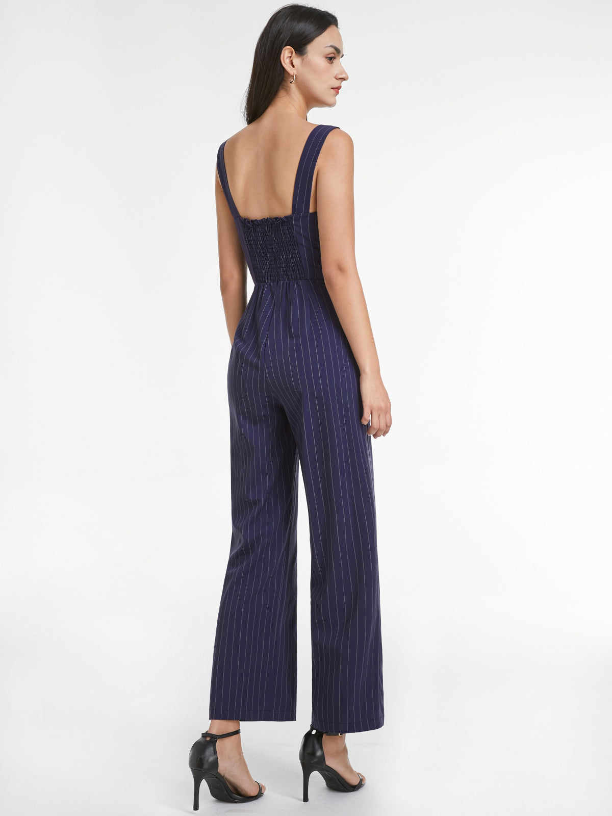 Square Neck Pinstripe Sleeveless Wide Leg Jumpsuit