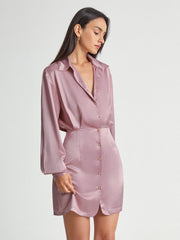 Satin Long Sleeve Collared Button Front Shirt Dress