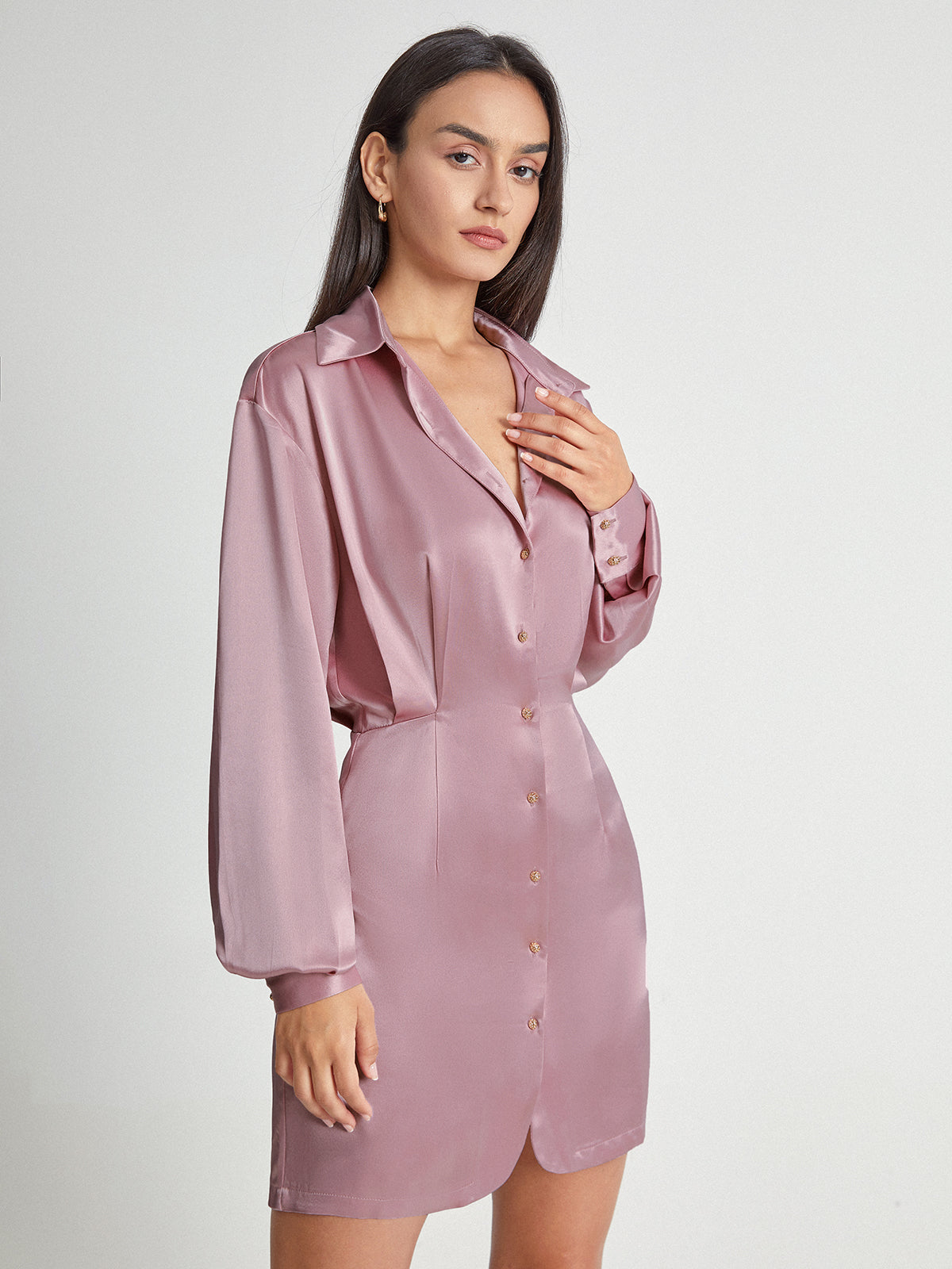 Satin Long Sleeve Collared Button Front Shirt Dress