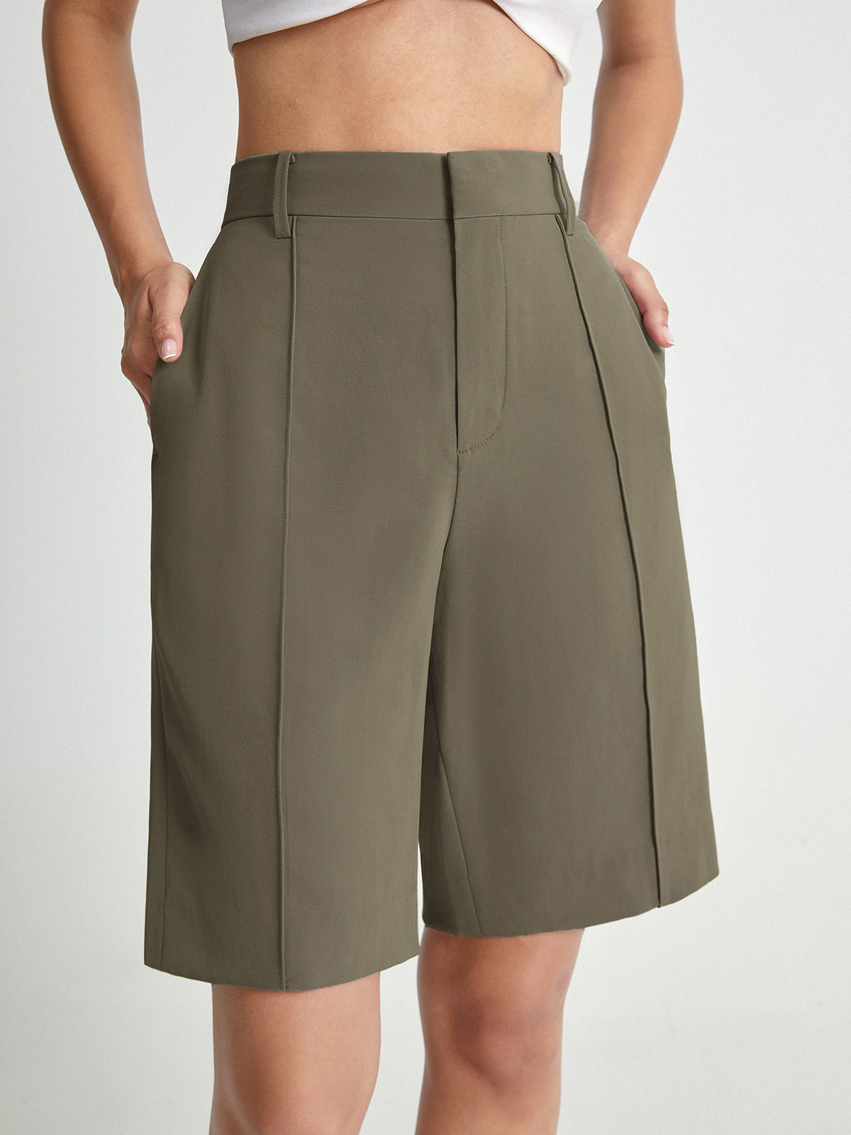 High Waisted Knee Length Trouser Shorts