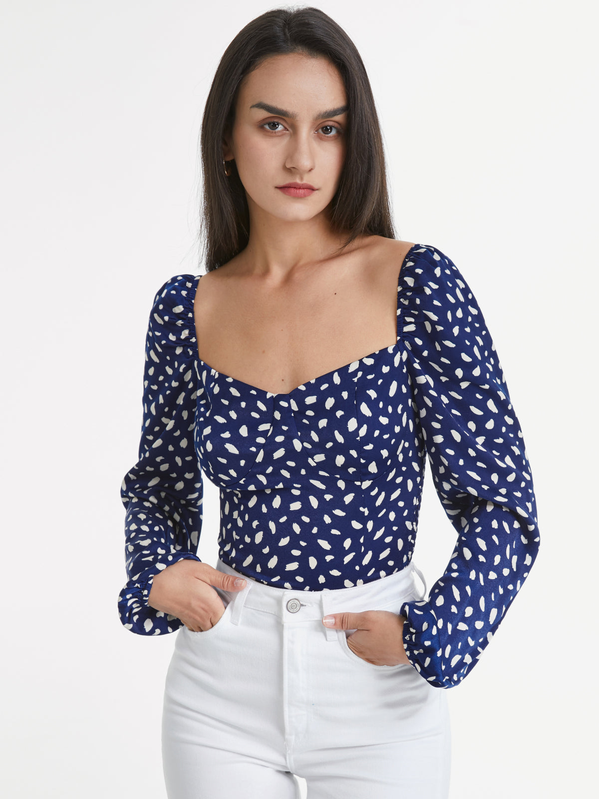 Sweetheart Contour Long Puff Sleeve Printed Top