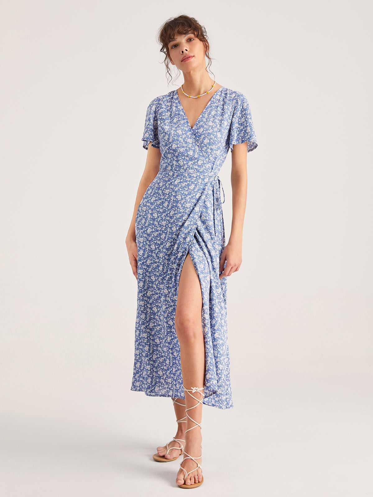 Floral Tie Front Wrap Midi Dress