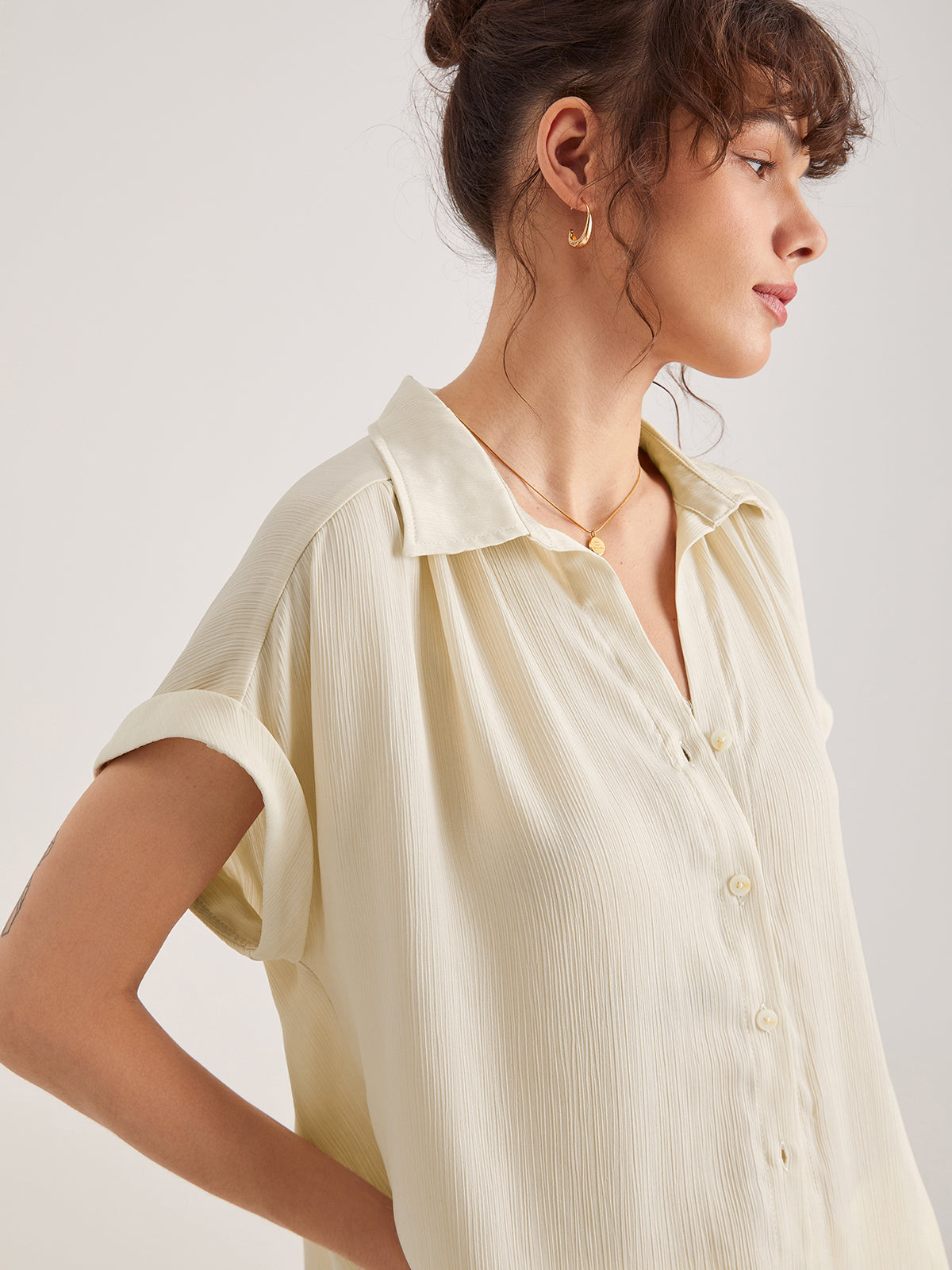 Drop Shoulder Pleat Button Up Shirt