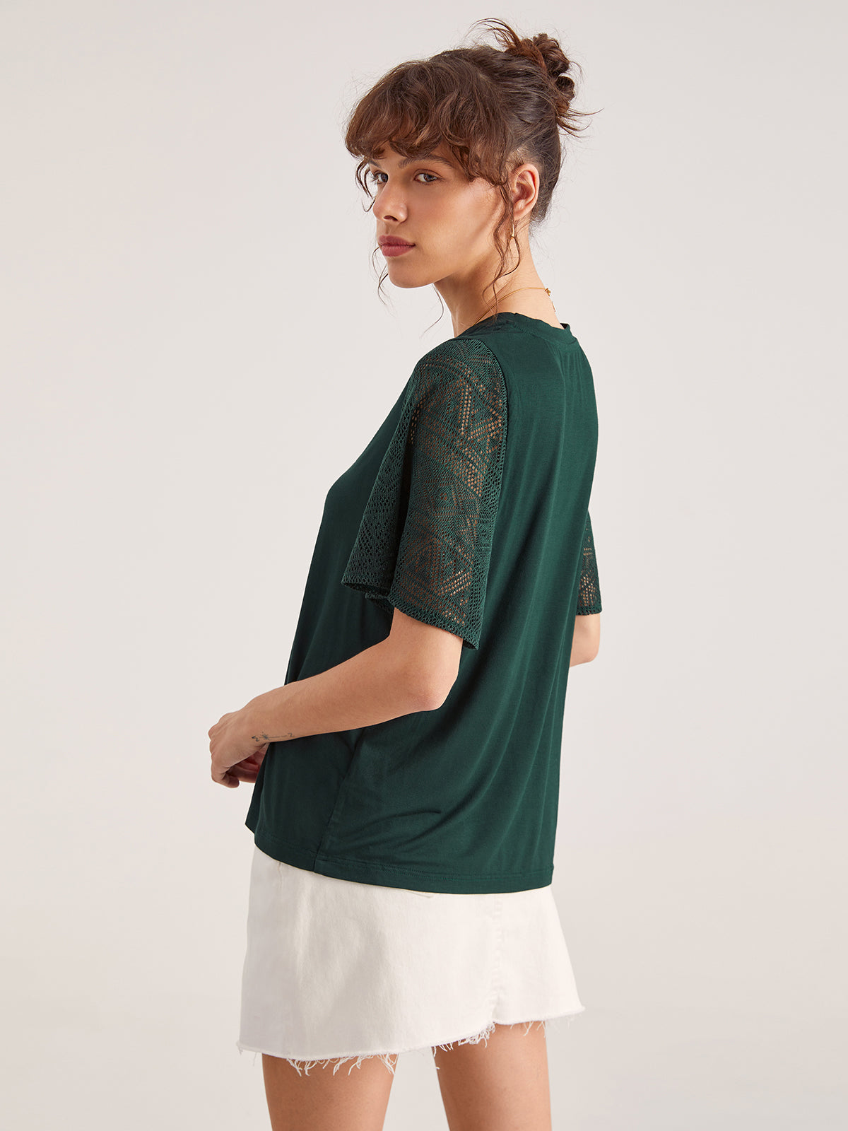 Emerald Green Contrast Lace Flutter Sleeve T-Shirt