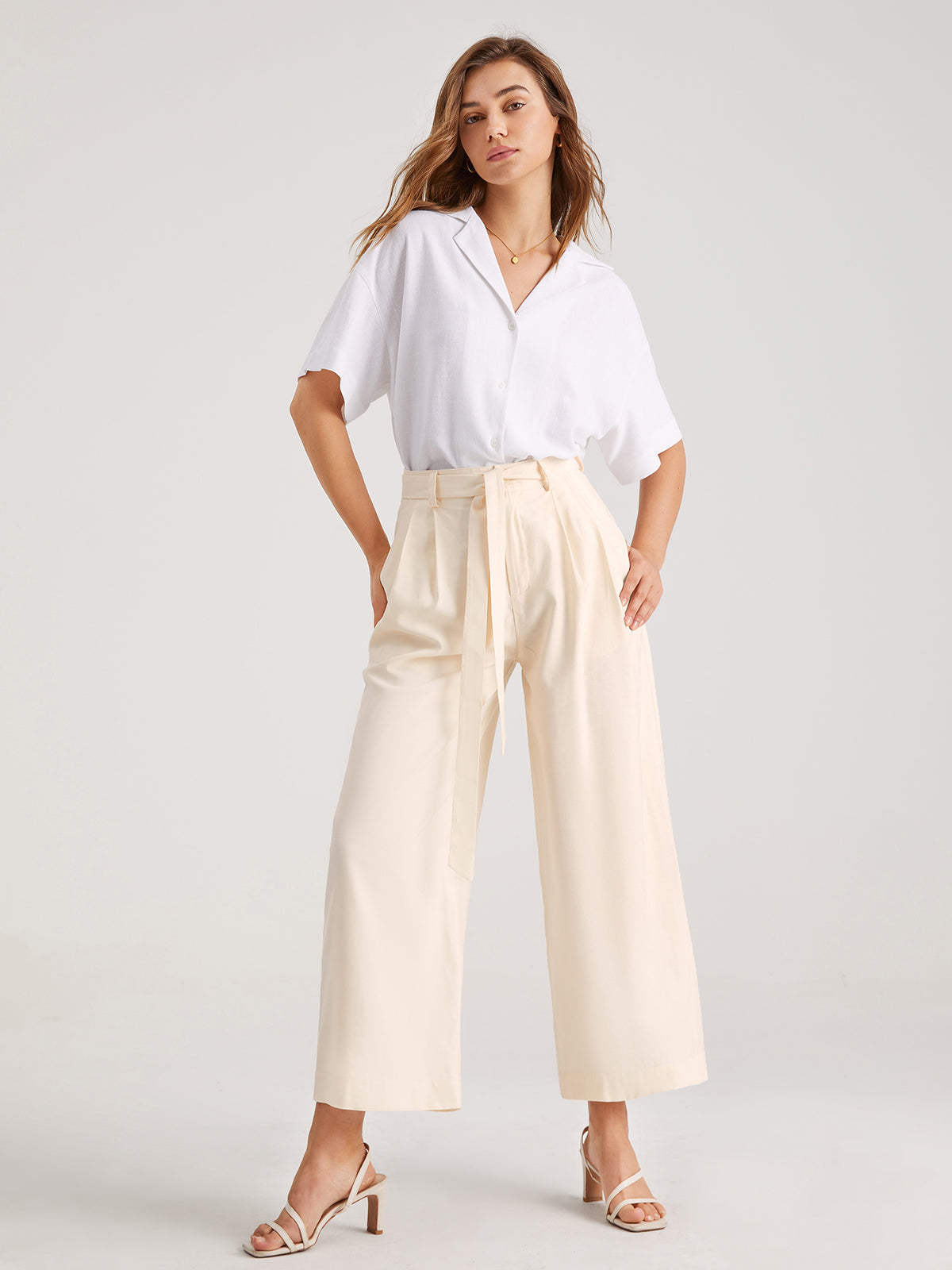 Belted Wide Leg Pleat Front Trousers