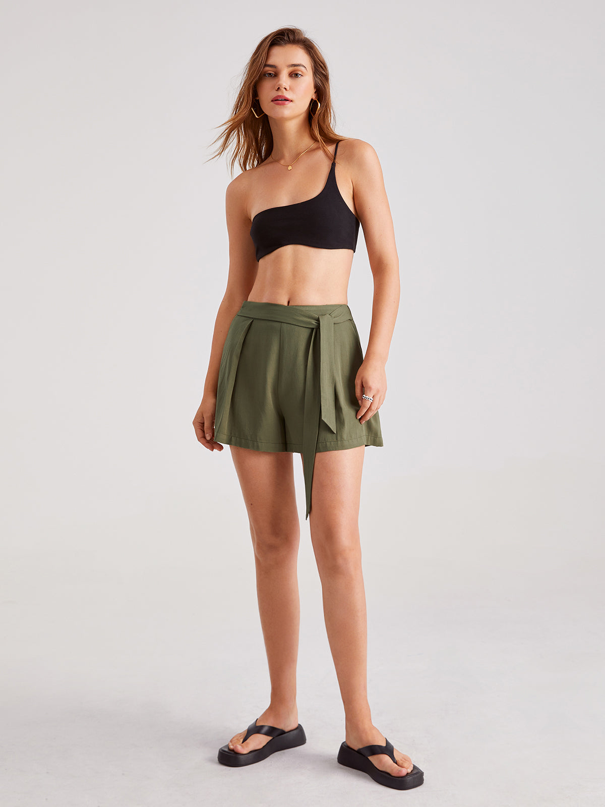 Mid Rise Belted Pleat Mini Shorts