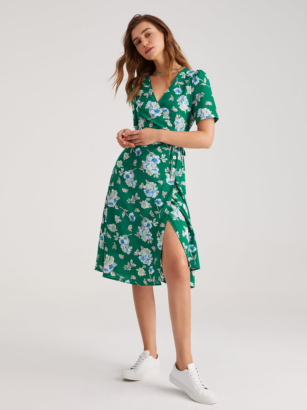 Short Sleeve Floral Contrast Midi Slit Dress