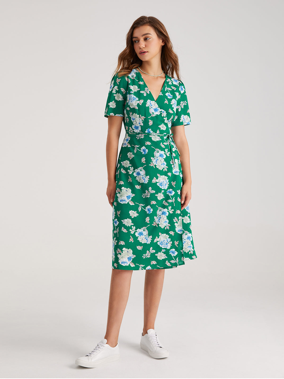 Short Sleeve Floral Contrast Midi Slit Dress