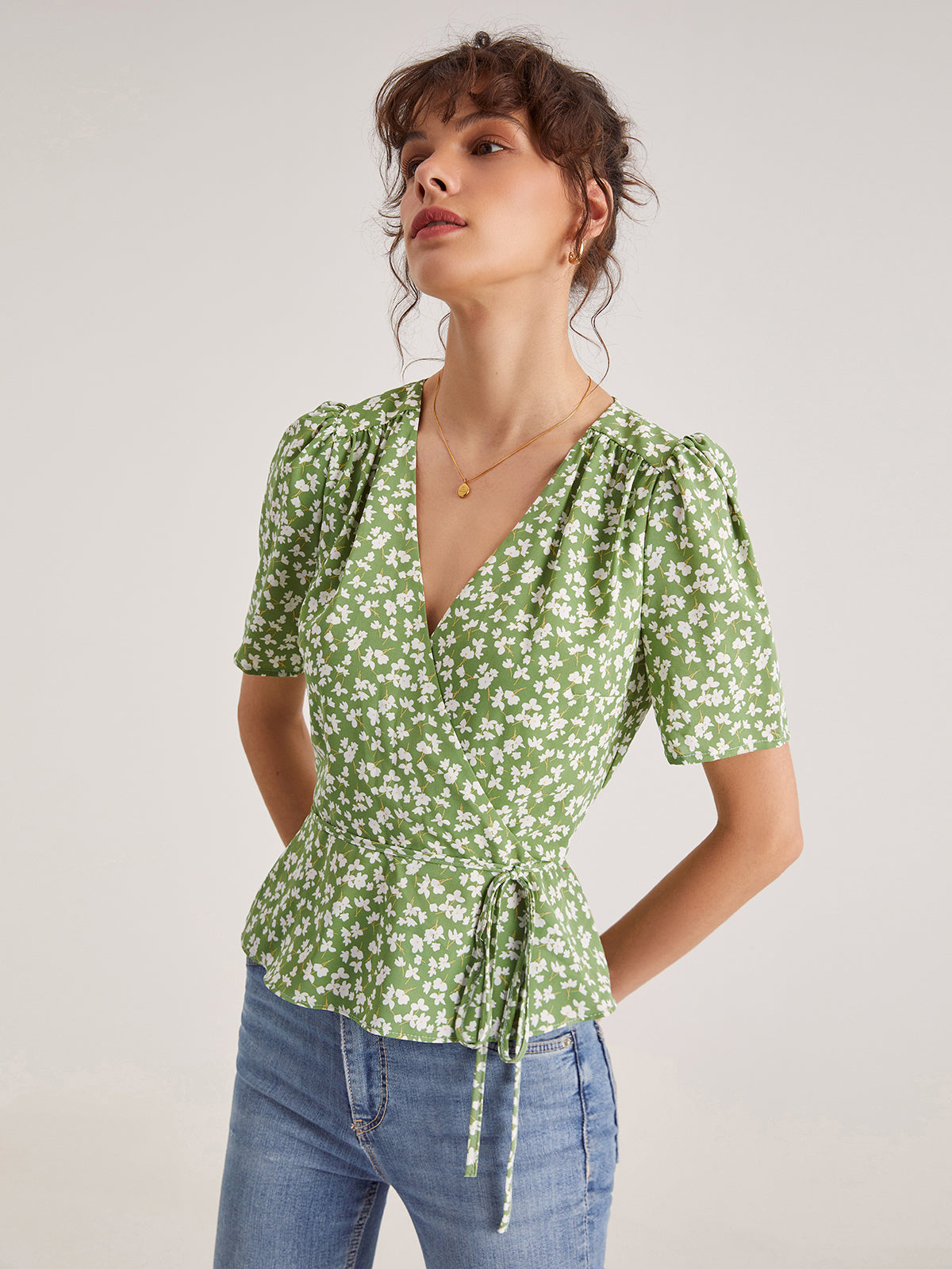 Floral Shoulder Pleat Wrap Top