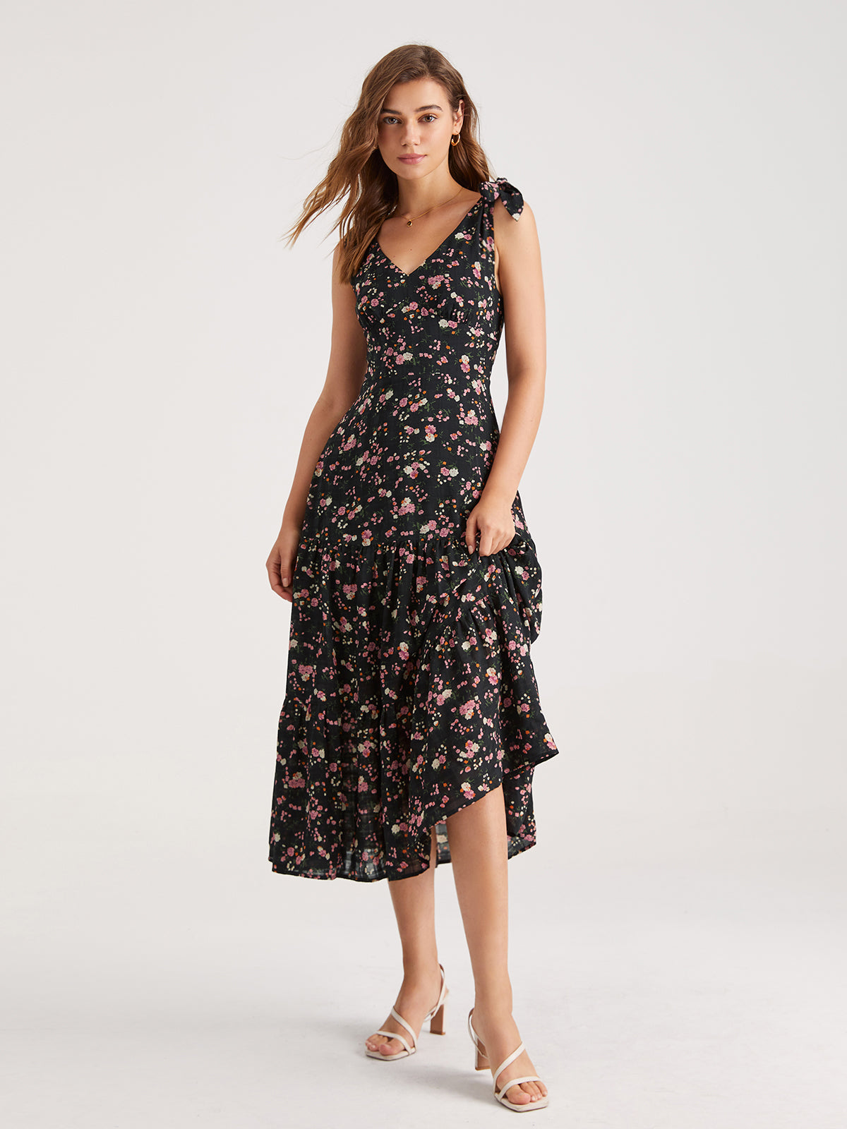 Tie Strap Contrast Floral Midi Dress