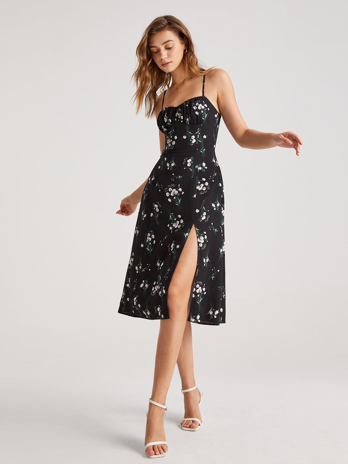 Sweet Pattern Floral Contour Strap Slit Midi Dress