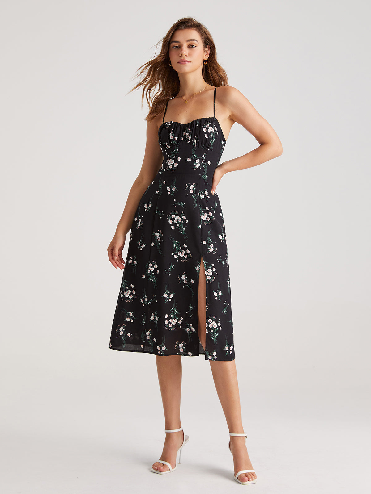 Sweet Pattern Floral Contour Strap Slit Midi Dress