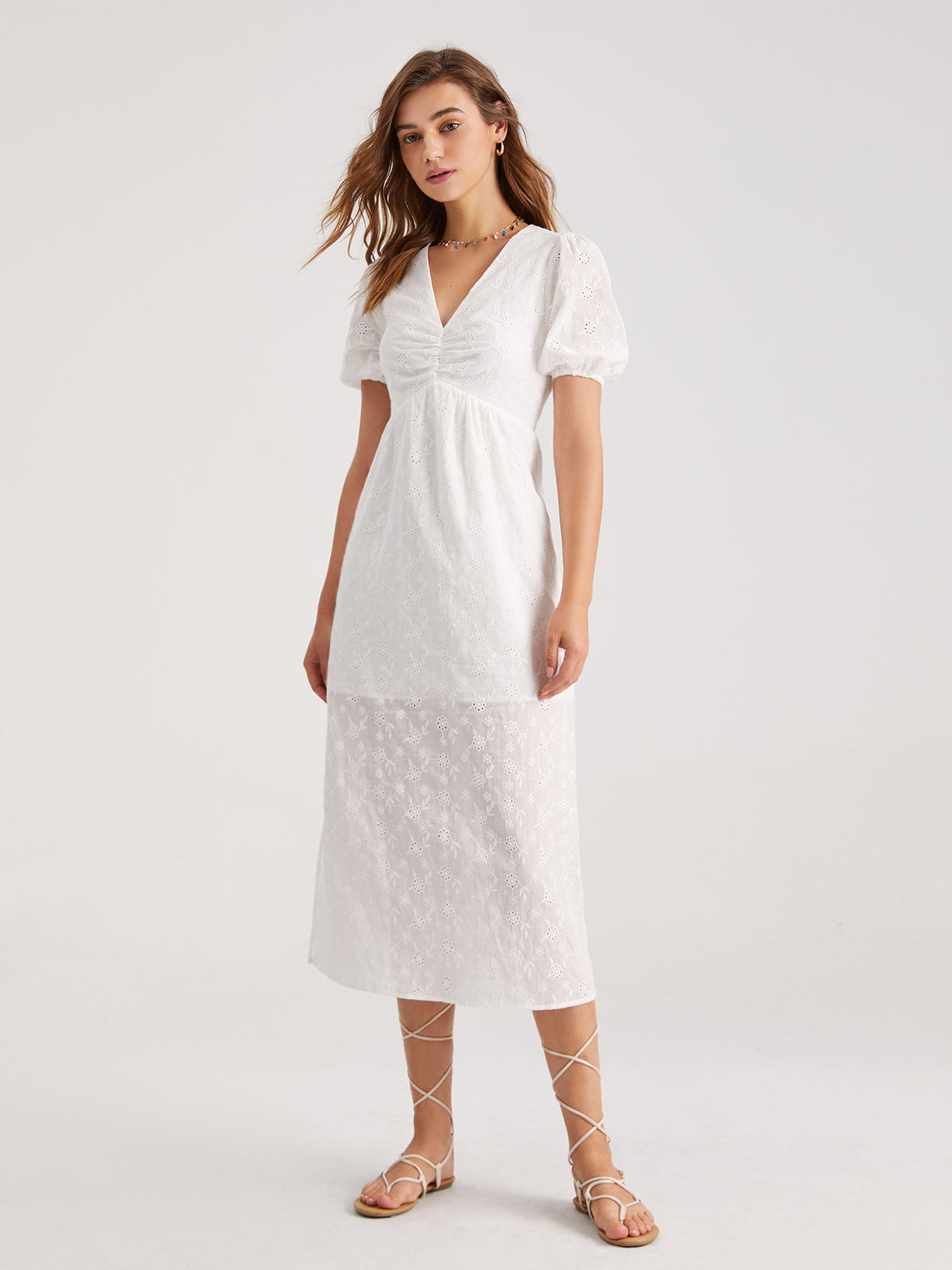 Short Puff Sleeve Eyelet M Dress