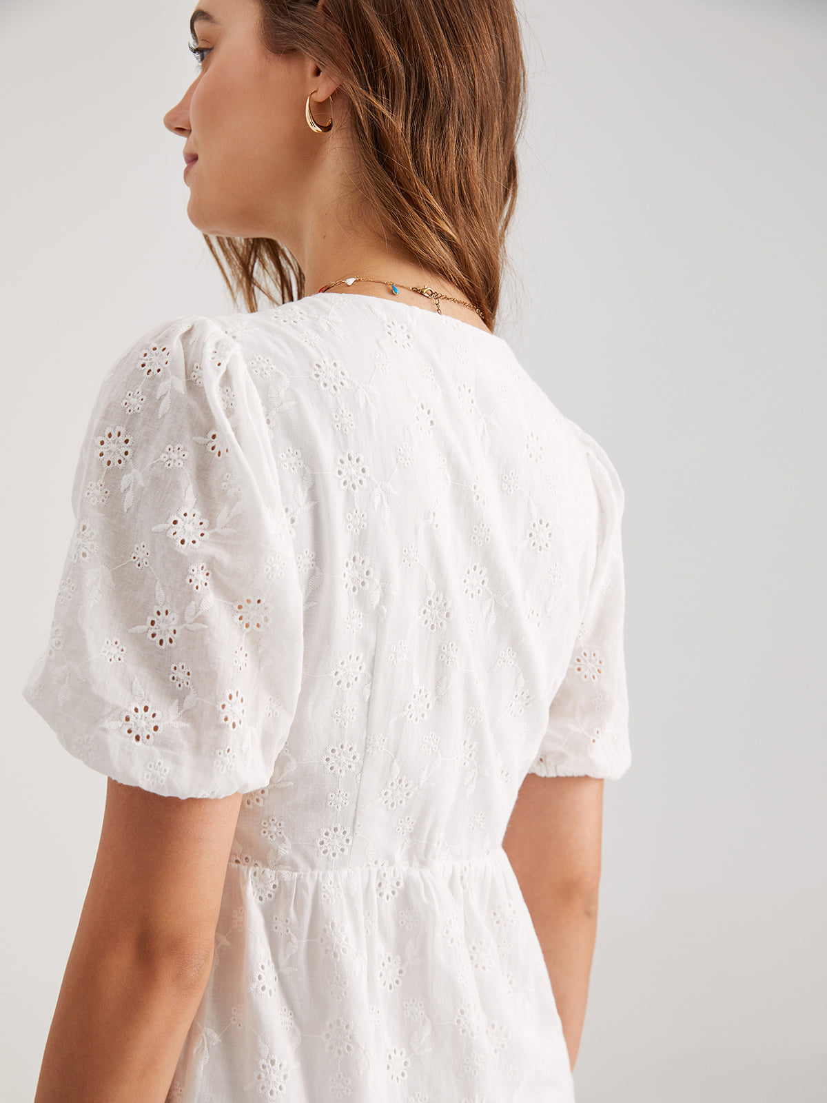 Short Puff Sleeve Eyelet M Dress