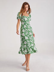 Puff Sleeve Floral Ruffle Midi Dress