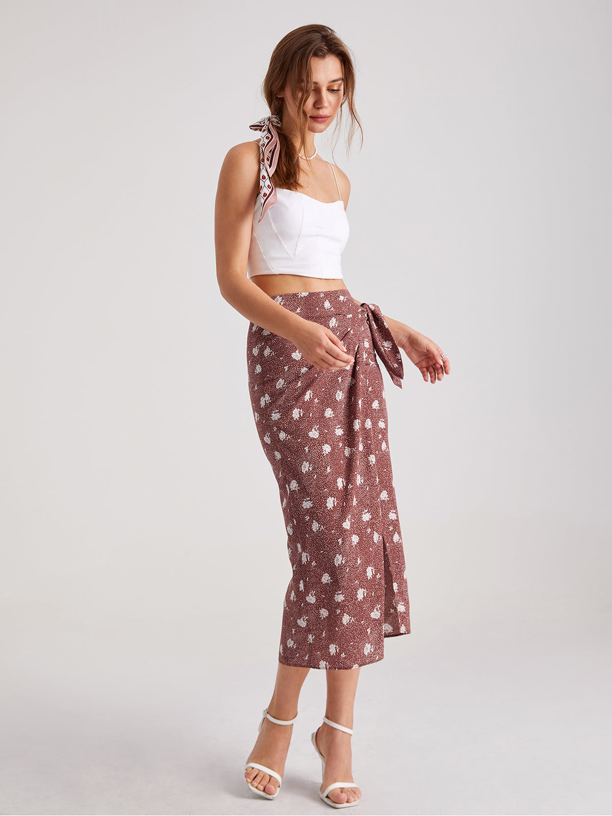 High Waisted Floral Belted Slit Wrap Skirt