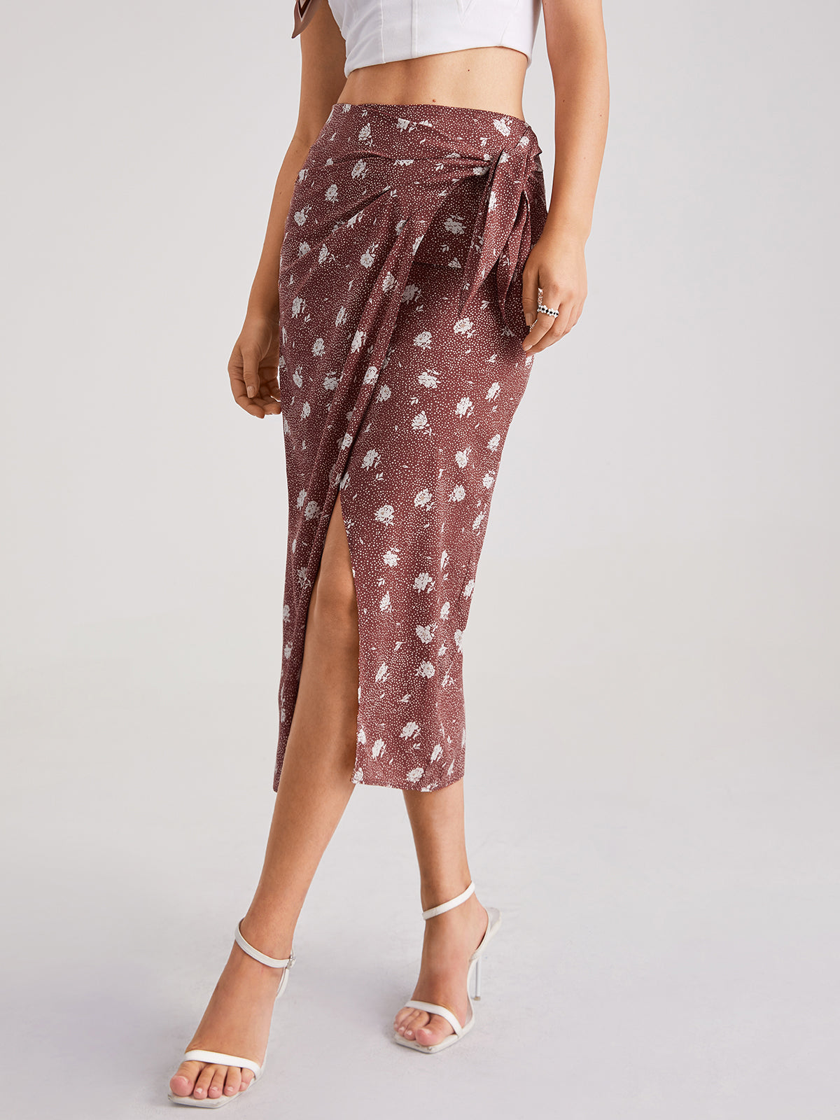 High Waisted Floral Belted Slit Wrap Skirt