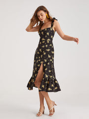 Square Neck Floral Ruffle Midi Dress