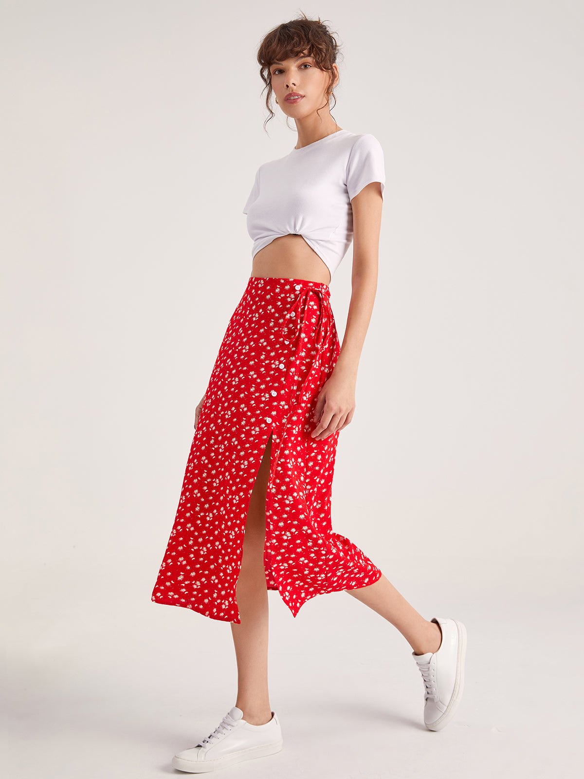 Sweetheart Floral Button Split Midi Skirt