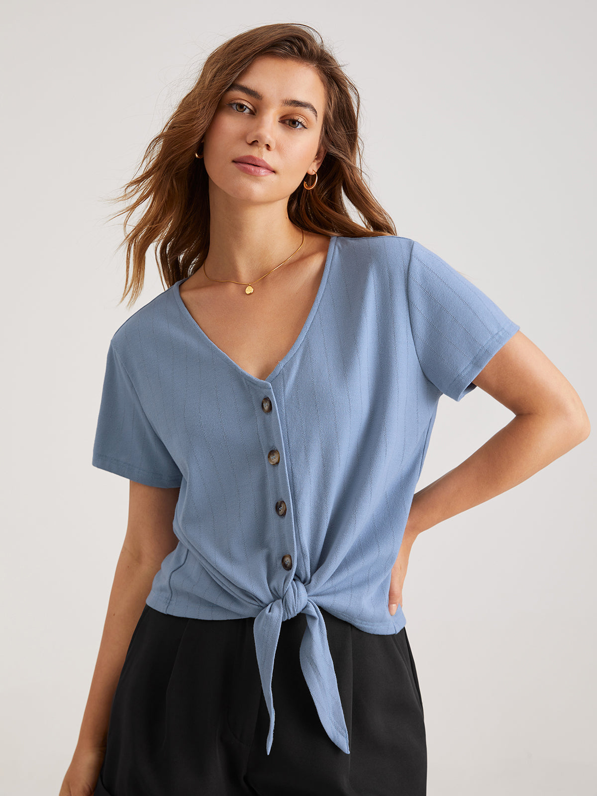 V-Neck Tie Front Button Top