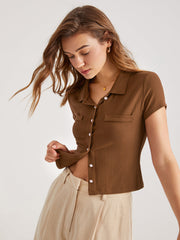 Collared Rib Button Up Short Sleeve Top