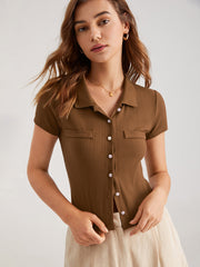 Collared Rib Button Up Short Sleeve Top