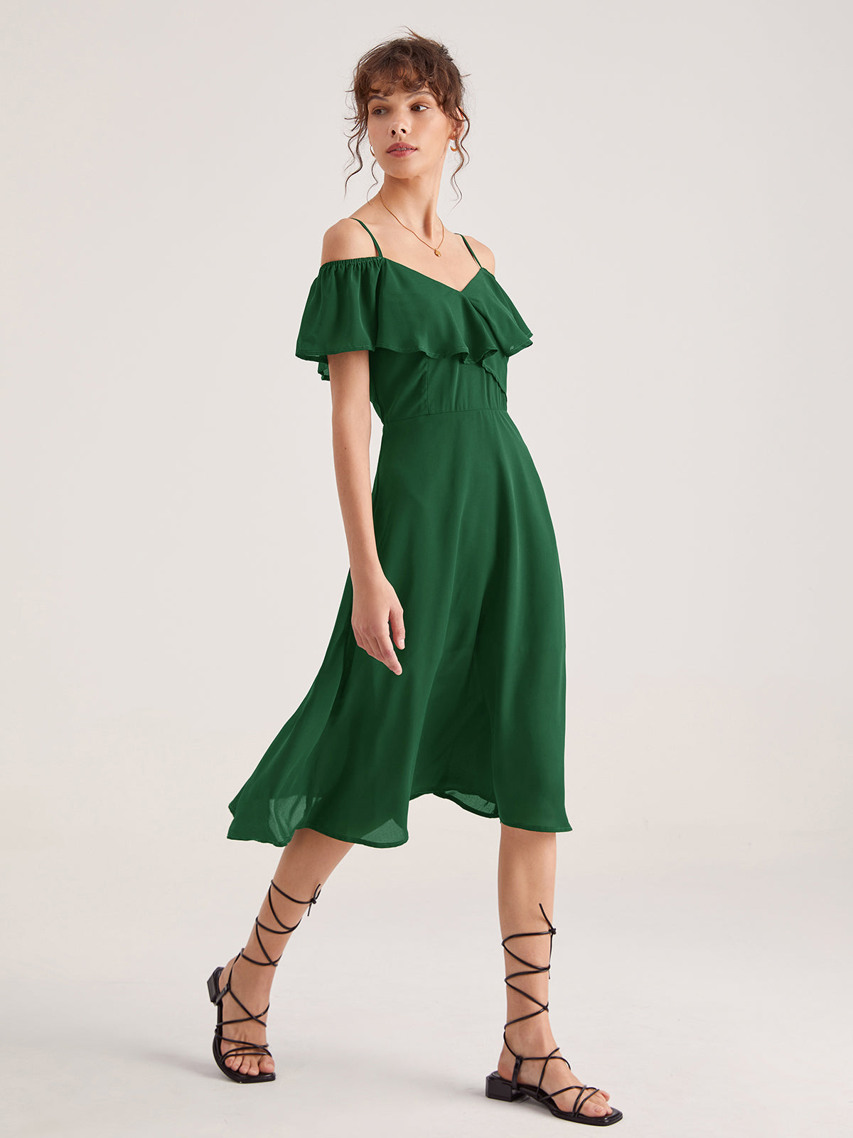 Emerald Green Strap Ruffle Midi Dress