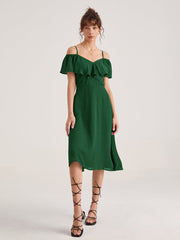 Emerald Green Strap Ruffle Midi Dress