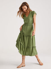 Flutter Sleeve Tiered Slit Midi Dress