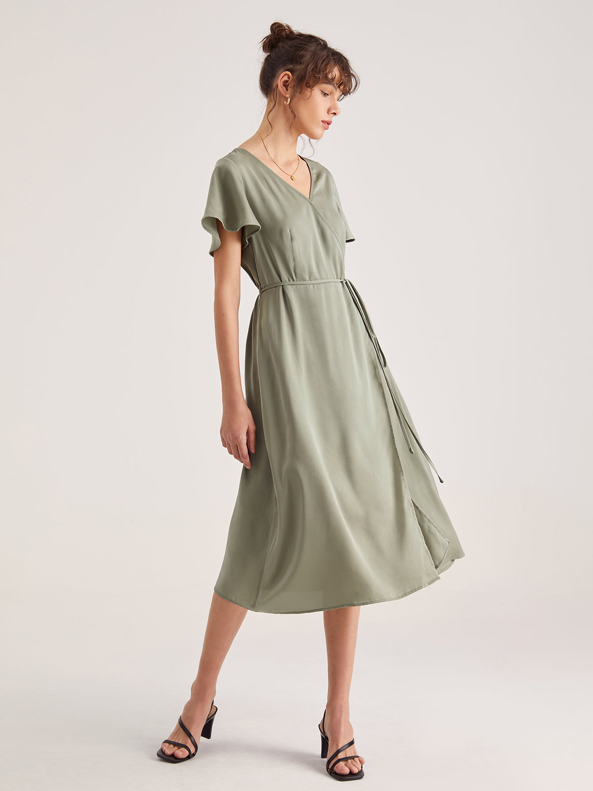 Flutter Sleeve Side Tie Wrap Midi Dress