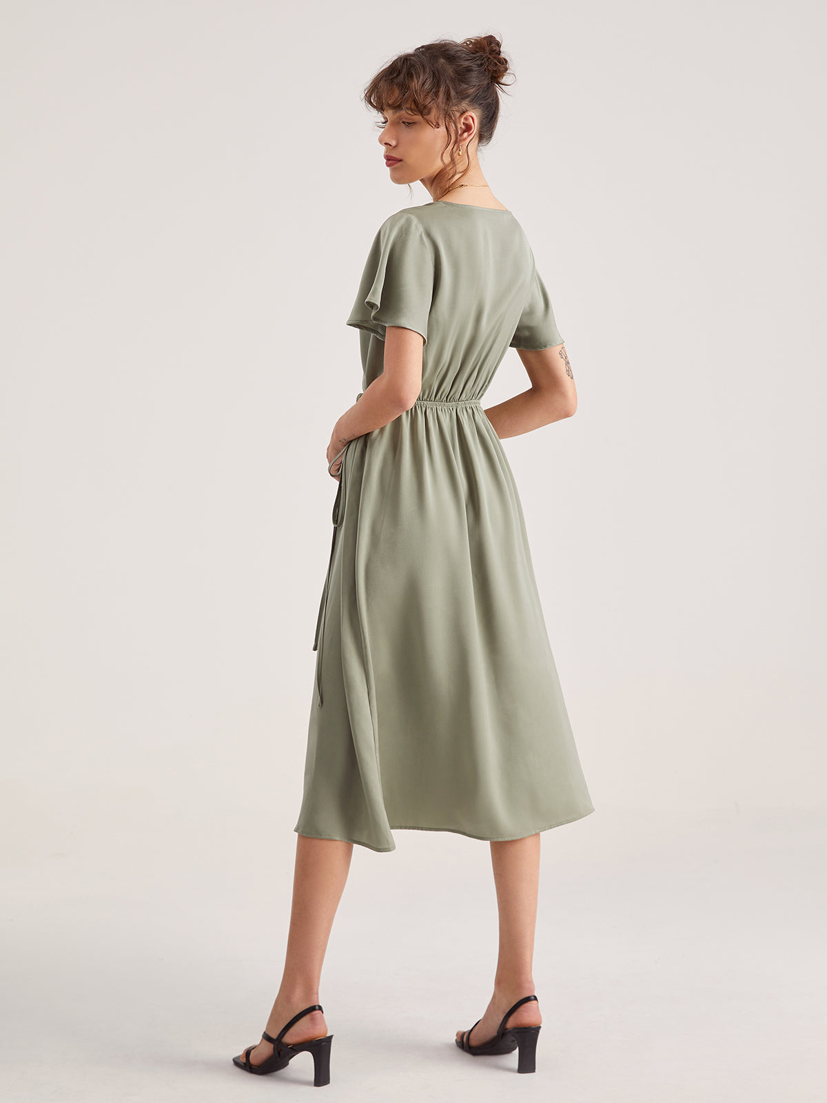 Flutter Sleeve Side Tie Wrap Midi Dress